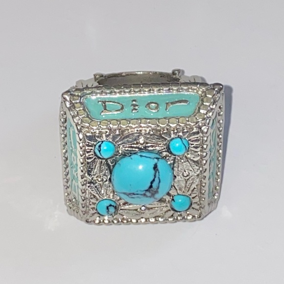 VTG Christian Dior Silver Metal Turquoise Gemstone Logo Nameplate Princess Ring - Picture 9 of 15